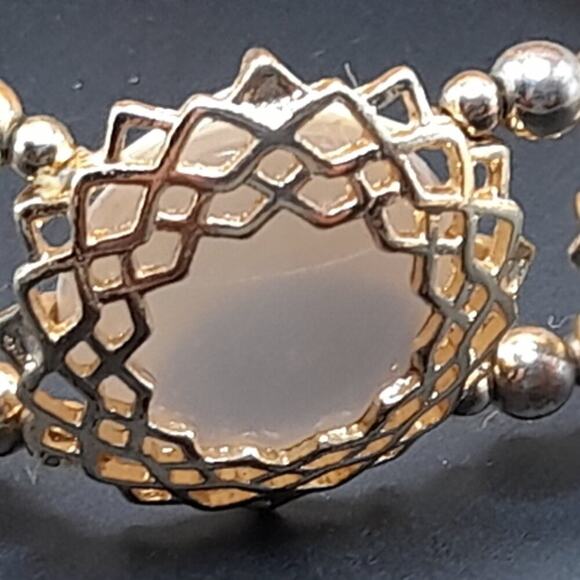 White Pearled Cabochon Stretch Bracelet, Gold Tone Filigree Frames, 7" plus - Picture 8 of 8